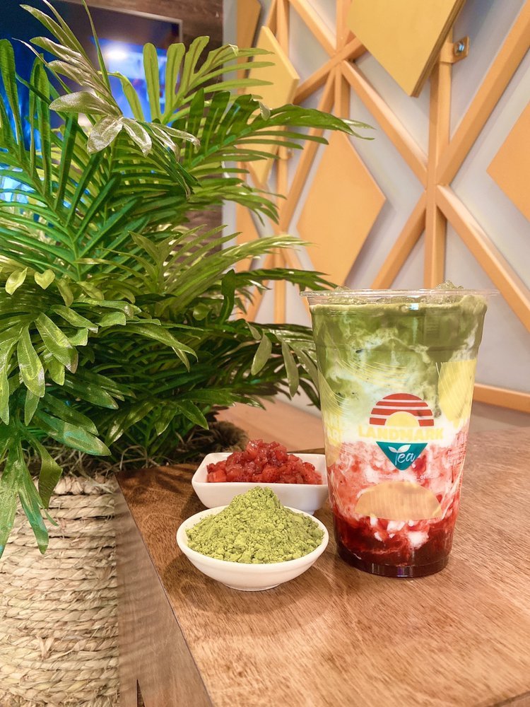 Matcha Strawberry Duo with green matcha over a pink strawberry layer