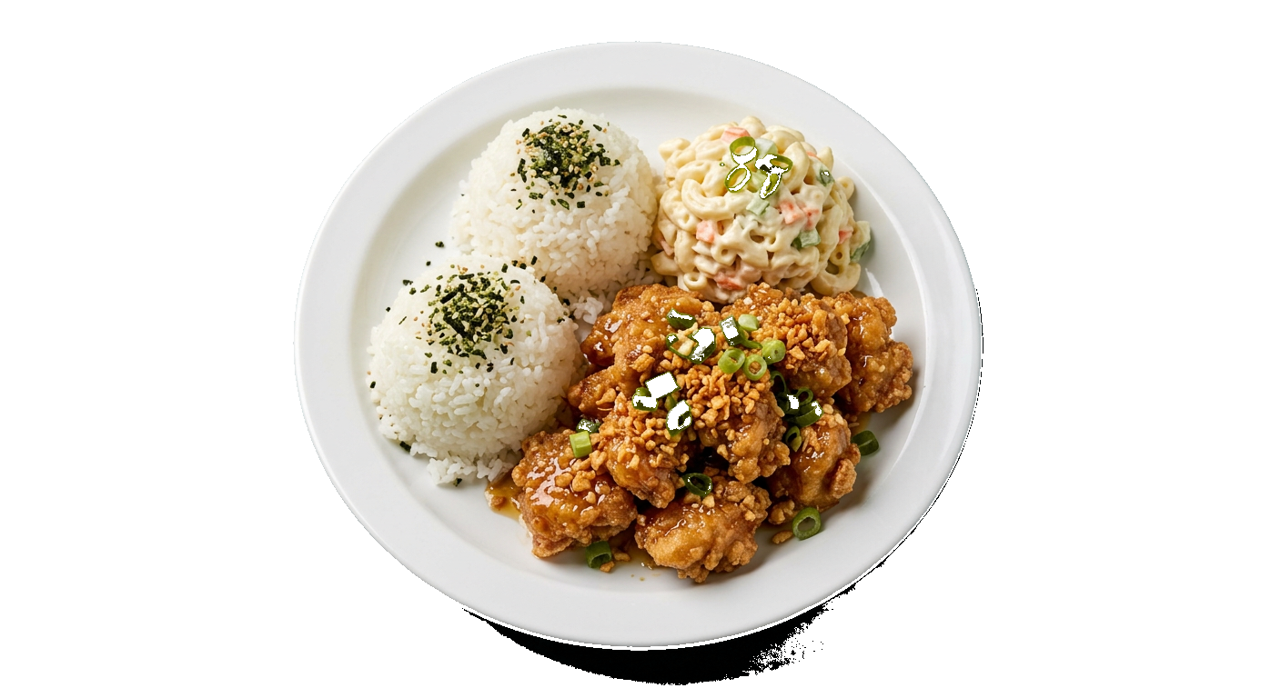 Robust Garlic Chicken plate lunch with rice and mac salad