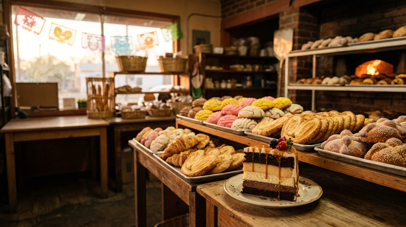 Trays of pan dulce and a layered cake in the panadería at dawn
