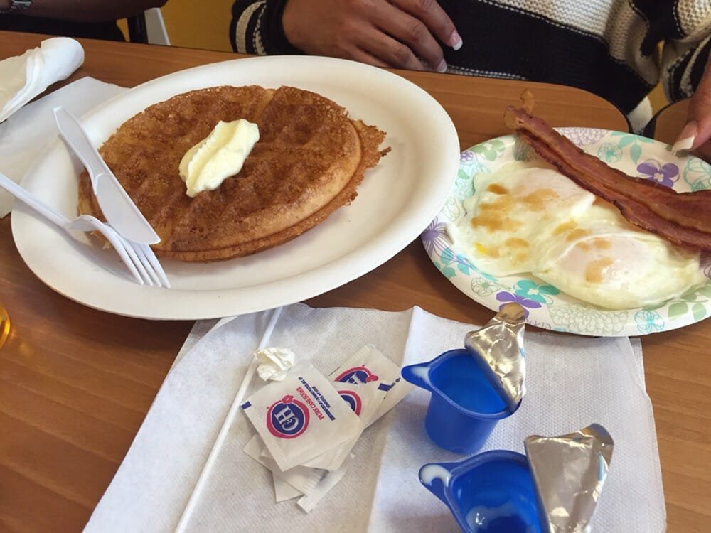 Breakfast Special: a Belgian waffle with two eggs and bacon